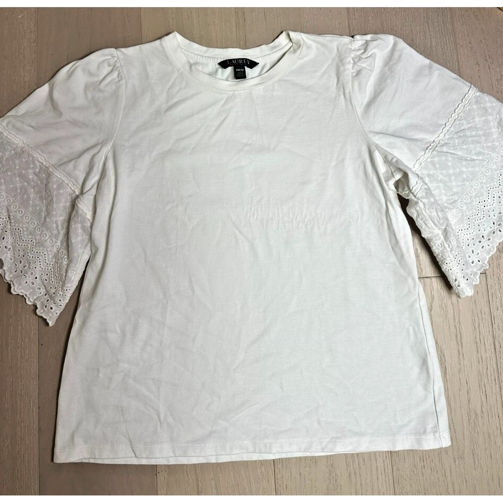 Lauren Ralph Lauren White Eyelet Lace Sleeve Tee Top Preppy Cottage PM